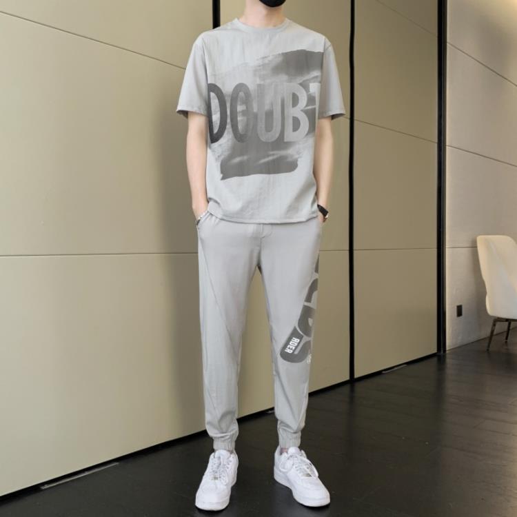 長褲 休閒套裝男今年新款夏季薄款高端運動套裝男時尚短袖潮流輕奢-細節圖8