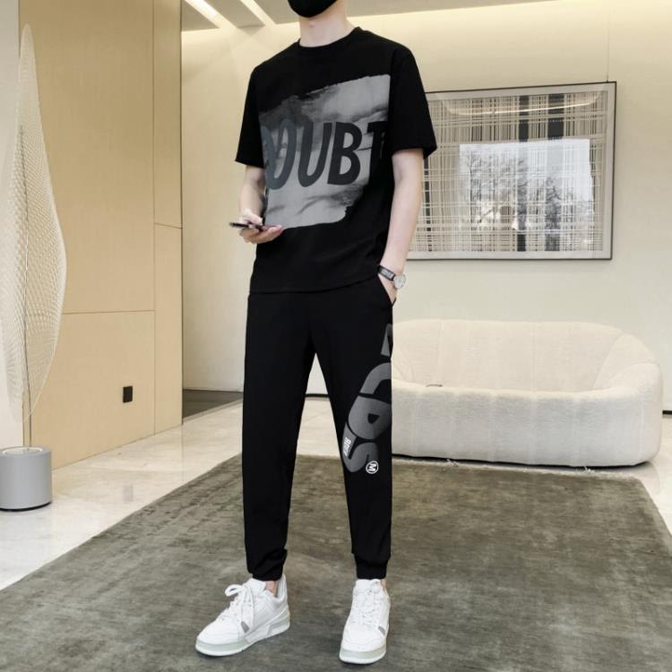 長褲 休閒套裝男今年新款夏季薄款高端運動套裝男時尚短袖潮流輕奢-細節圖9