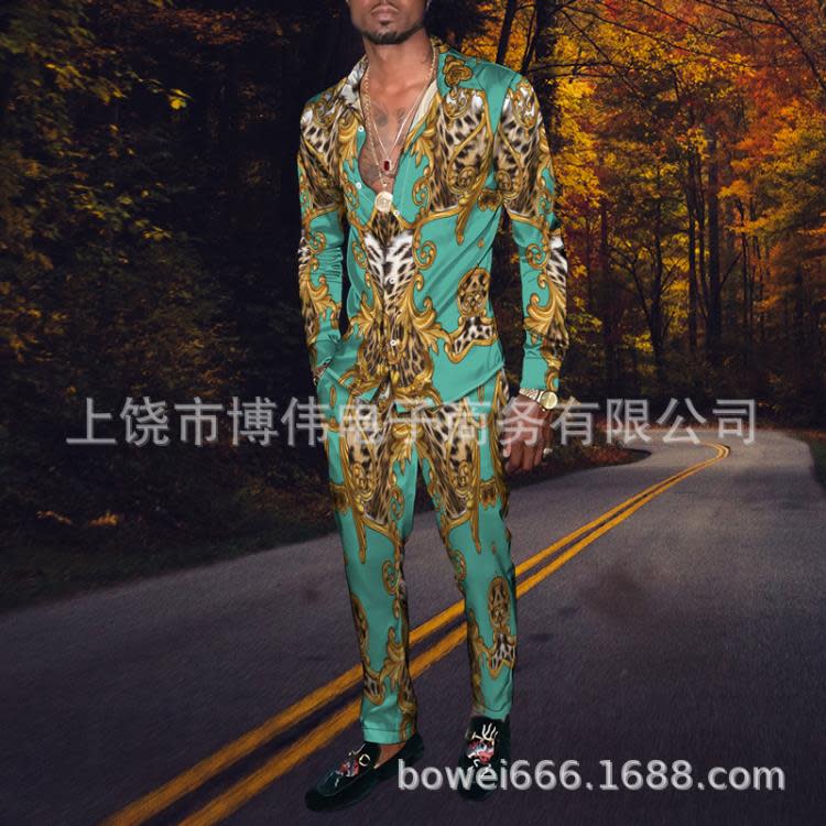 春秋新款歐美時尚潮流男長袖襯衫豹紋印花休閒潮流二件套-細節圖3