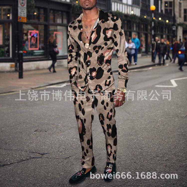 春秋新款歐美時尚潮流男長袖襯衫豹紋印花休閒潮流二件套-細節圖6