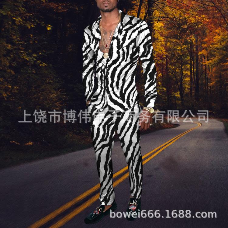 春秋新款歐美時尚潮流男長袖襯衫豹紋印花休閒潮流二件套-細節圖8