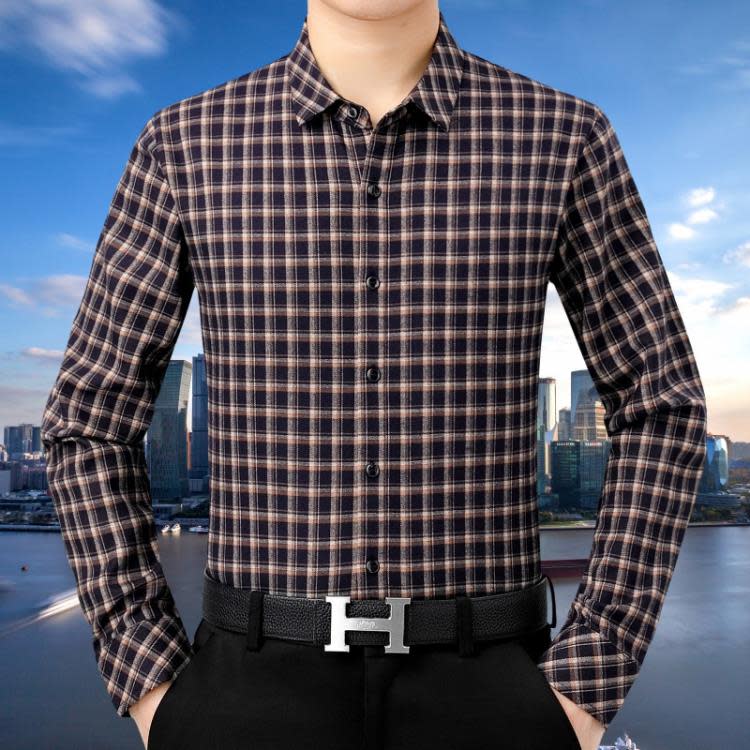 品牌秋季新款百搭襯衫男中年男士商務休閒長袖免燙格子時尚襯衣男-細節圖2