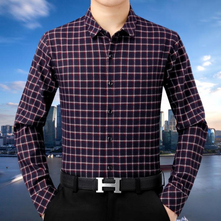品牌秋季新款百搭襯衫男中年男士商務休閒長袖免燙格子時尚襯衣男-細節圖3