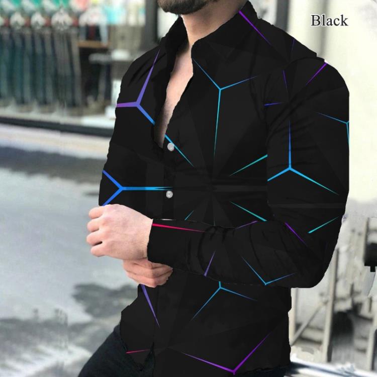 襯衫 2023秋季新款男士時尚印花長袖紐扣幾何漸變上衣翻領襯衣-細節圖3