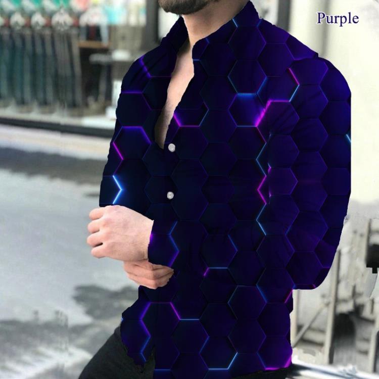 襯衫 2023秋季新款男士時尚印花長袖紐扣幾何漸變上衣翻領襯衣-細節圖4