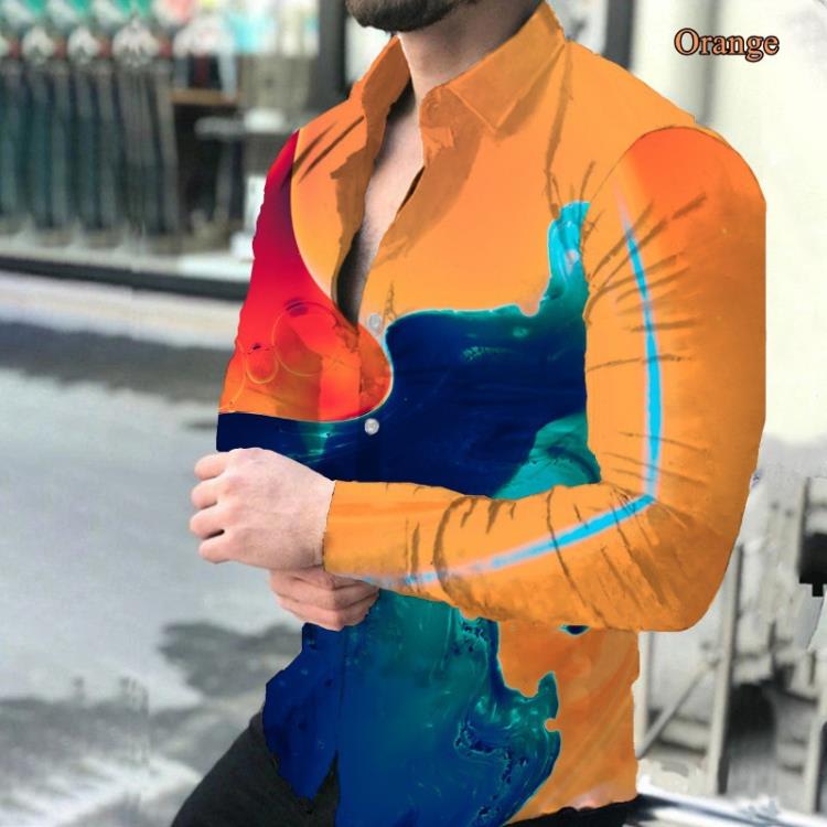 襯衫 2023秋季新款男士時尚印花長袖紐扣幾何漸變上衣翻領襯衣-細節圖8