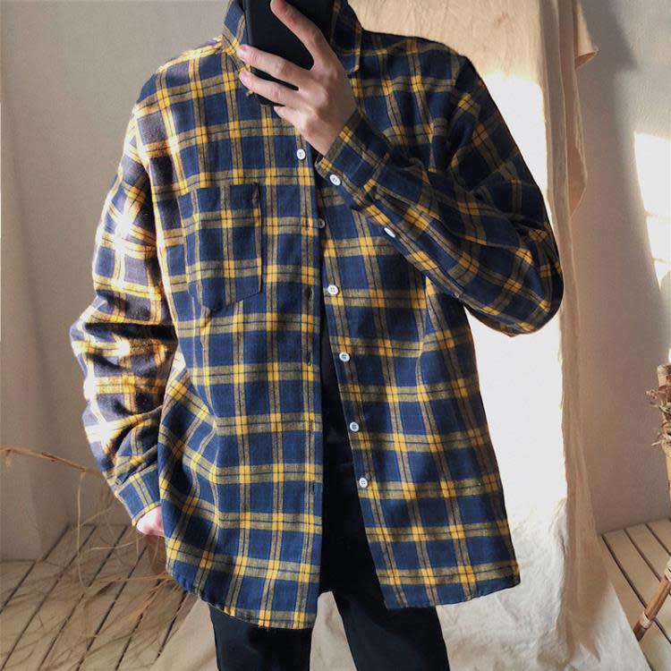 香港秋季格子襯衫男裝正韓情侶長袖襯衣寬松bf風ins學生寸衫外套-細節圖2