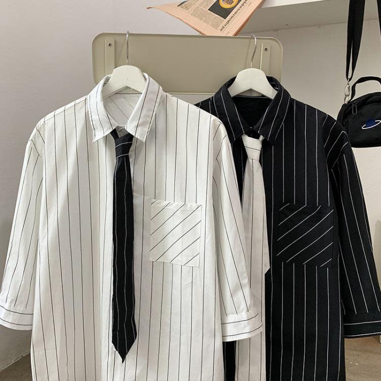 七分袖襯衫男正韓潮流寬松小領豎條紋襯衣短袖百搭ins帥氣寸衫-細節圖2