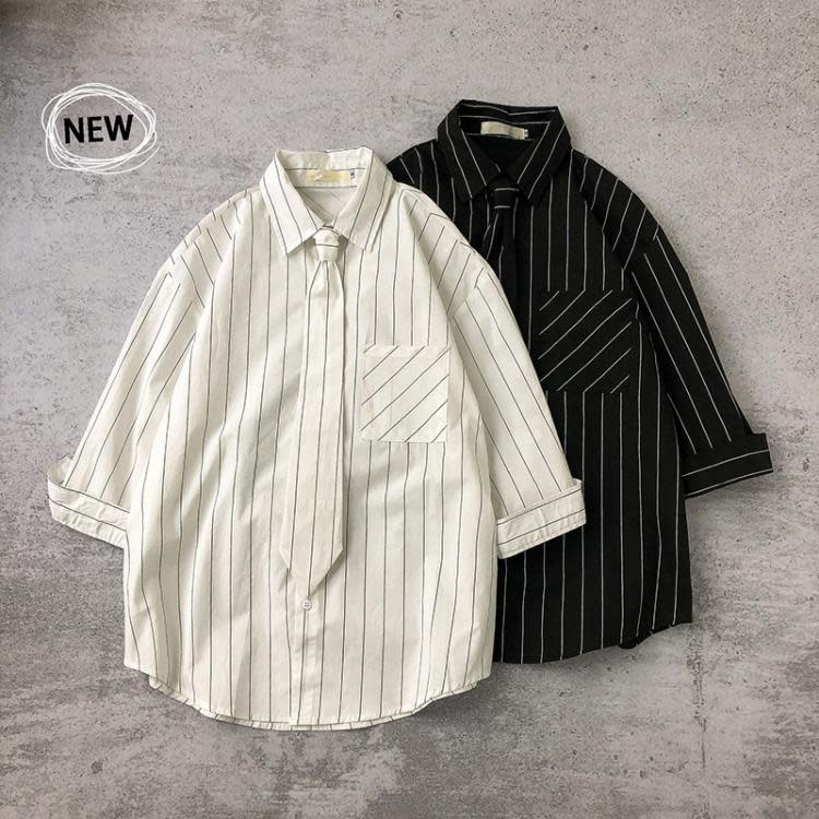 七分袖襯衫男正韓潮流寬松小領豎條紋襯衣短袖百搭ins帥氣寸衫-細節圖3