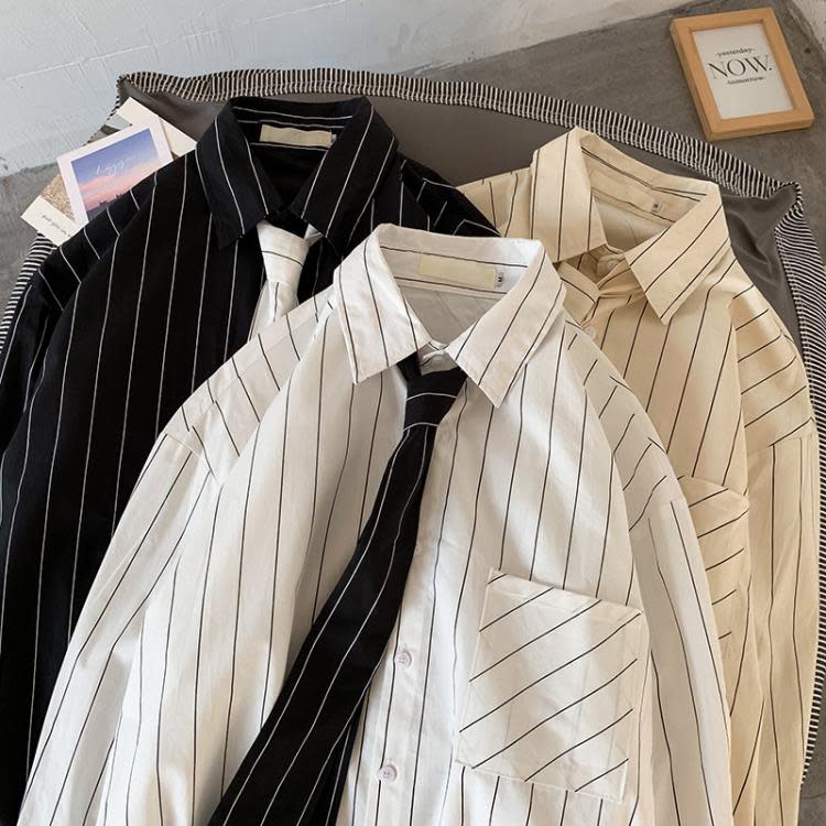 七分袖襯衫男正韓潮流寬松小領豎條紋襯衣短袖百搭ins帥氣寸衫-細節圖4