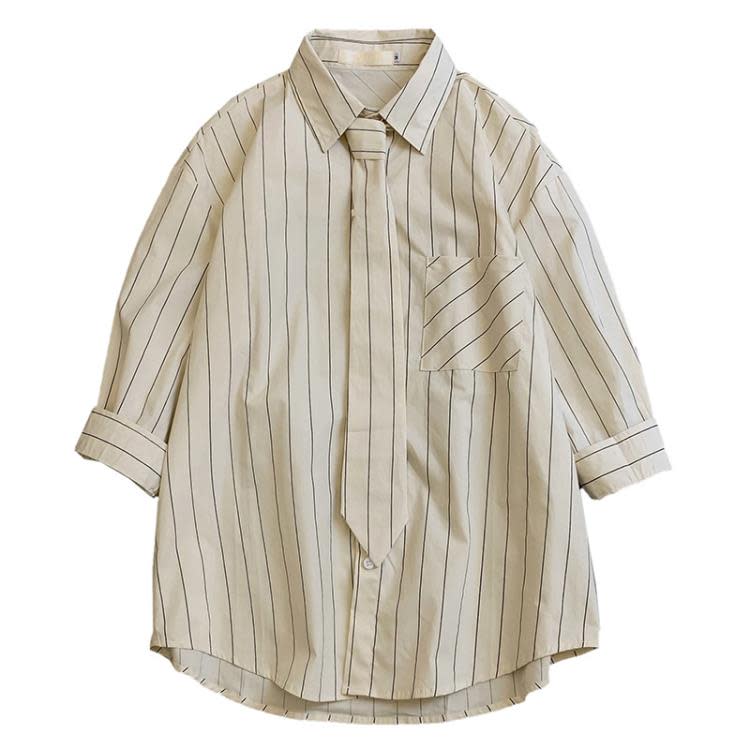 七分袖襯衫男正韓潮流寬松小領豎條紋襯衣短袖百搭ins帥氣寸衫-細節圖5