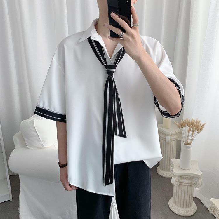 七分袖襯衫男正韓潮流寬松小領豎條紋襯衣短袖百搭ins帥氣寸衫-細節圖6