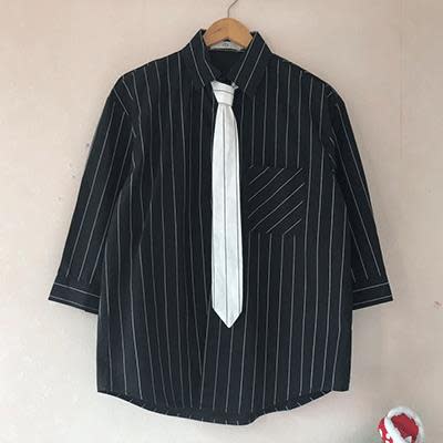 七分袖襯衫男正韓潮流寬松小領豎條紋襯衣短袖百搭ins帥氣寸衫-細節圖9