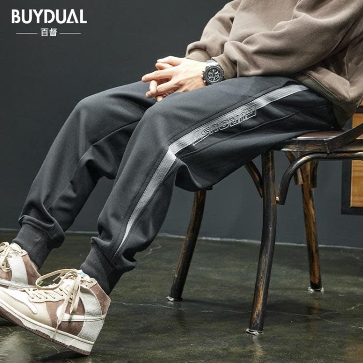 長褲 潮牌拼接休閒褲男春季寬松大碼收腿束腳潮流小腳哈倫運動衛褲-細節圖3