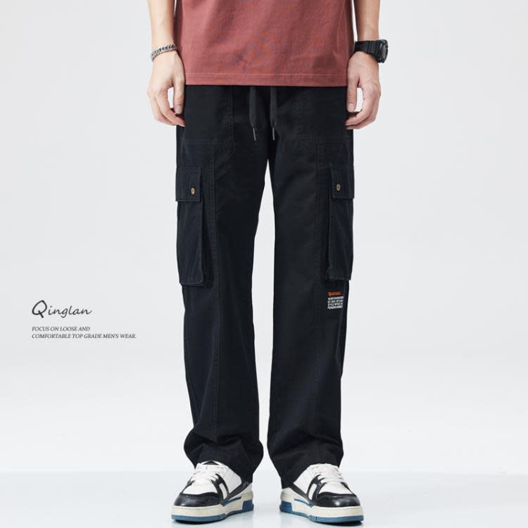 長褲 美式重磅純棉多口袋工裝褲子男夏季潮牌高街寬松直筒闊腿休閒-細節圖8