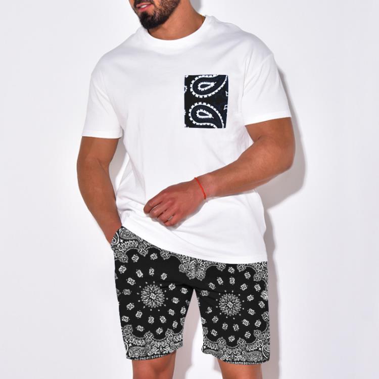 短褲 2023男裝休閒套裝腰果花印花爆款歐美短袖二件套男-細節圖2