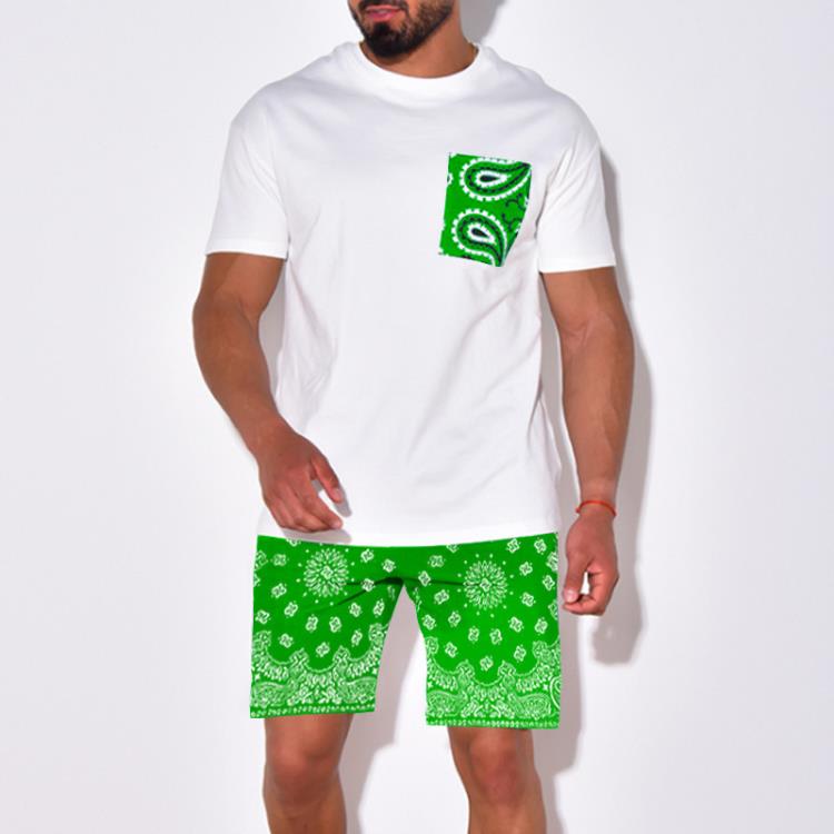 短褲 2023男裝休閒套裝腰果花印花爆款歐美短袖二件套男-細節圖5