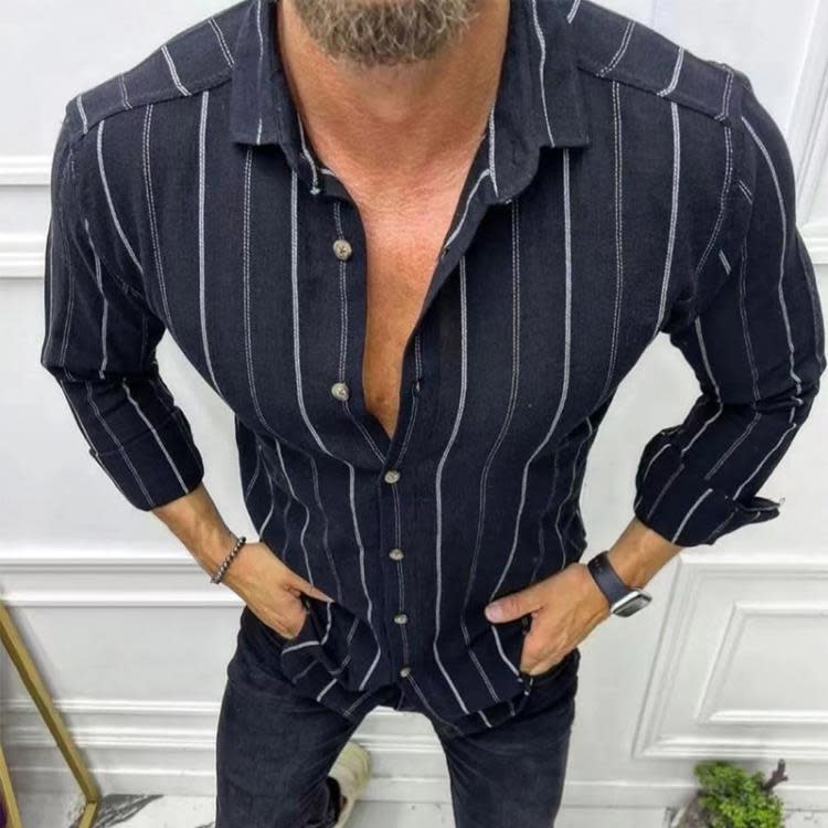 襯衫 歐美2023秋冬新款男士長袖條紋休閒潮男歐美型男-細節圖2