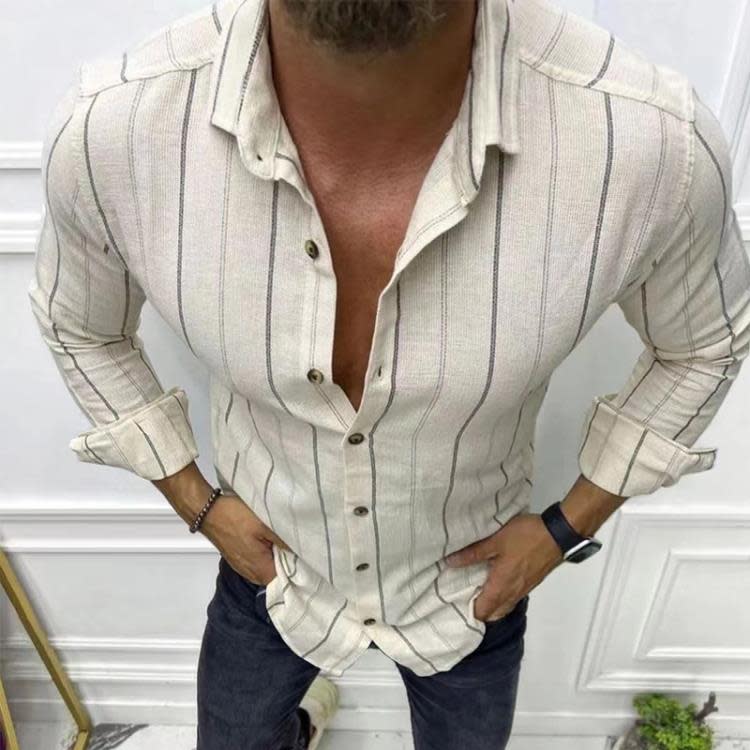 襯衫 歐美2023秋冬新款男士長袖條紋休閒潮男歐美型男-細節圖3