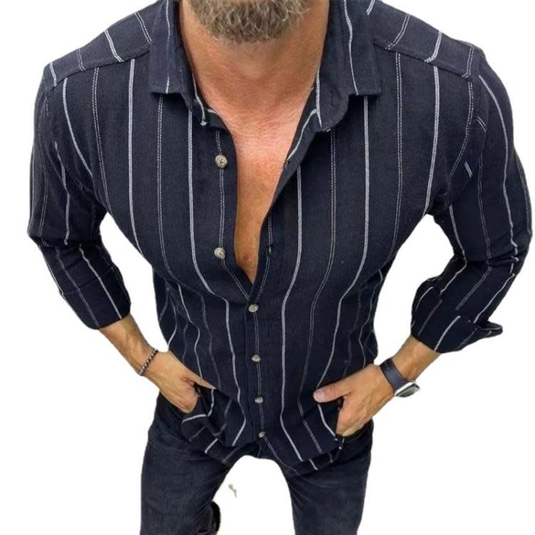 襯衫 歐美2023秋冬新款男士長袖條紋休閒潮男歐美型男-細節圖4