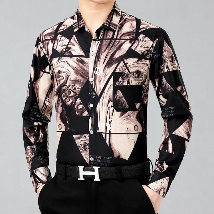 品牌新款春秋季印花襯衫男長袖襯衣男士爸爸裝時尚休閒襯衫上衣男-細節圖2