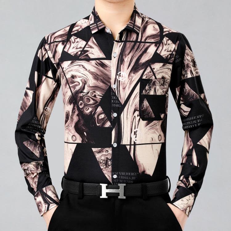 品牌新款春秋季印花襯衫男長袖襯衣男士爸爸裝時尚休閒襯衫上衣男-細節圖3