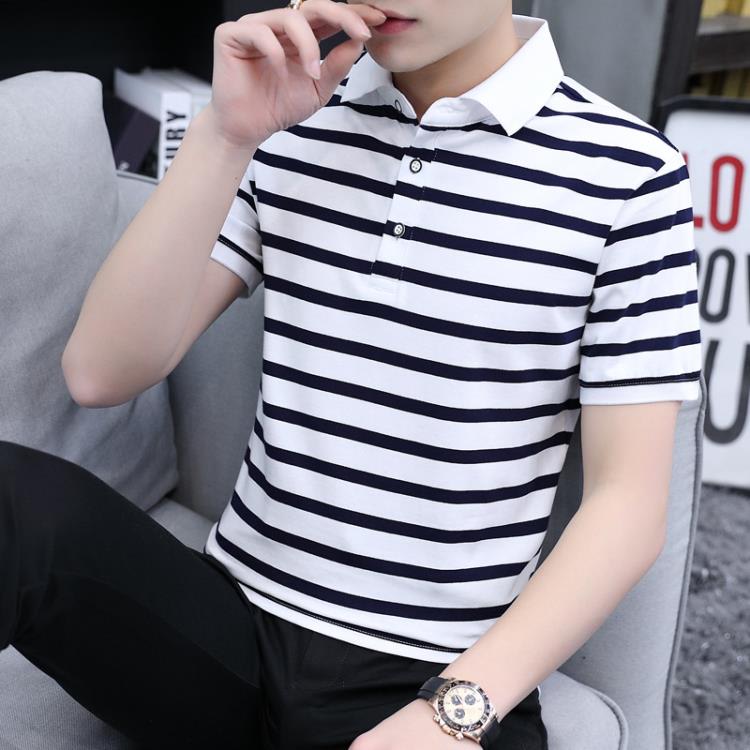 條紋男士短袖T恤間條男裝打底衫休閒翻領半袖男式Polo衫上衣服潮-細節圖3