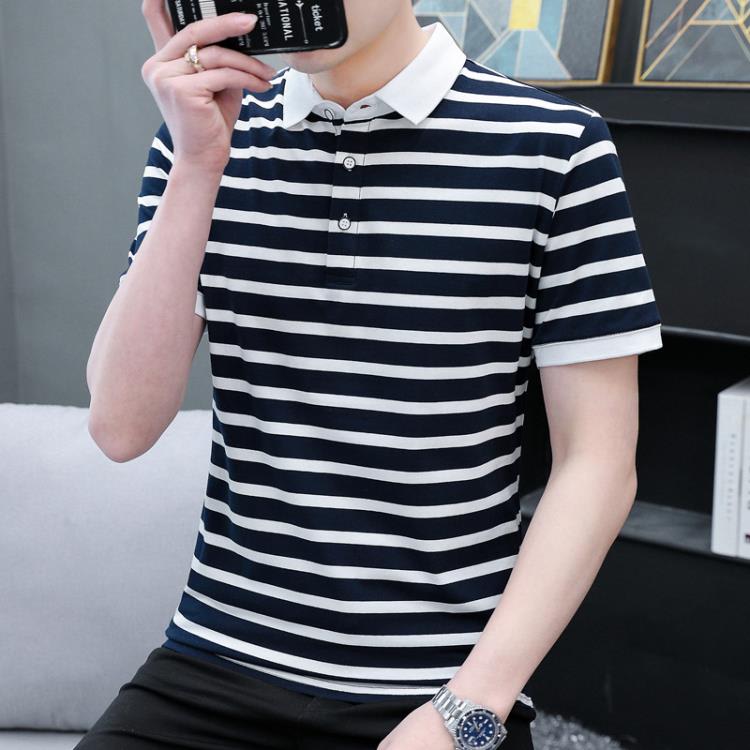 條紋男士短袖T恤間條男裝打底衫休閒翻領半袖男式Polo衫上衣服潮-細節圖4