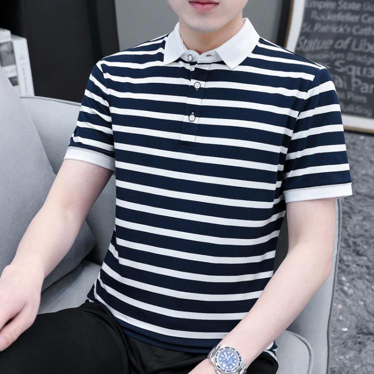 條紋男士短袖T恤間條男裝打底衫休閒翻領半袖男式Polo衫上衣服潮-細節圖6