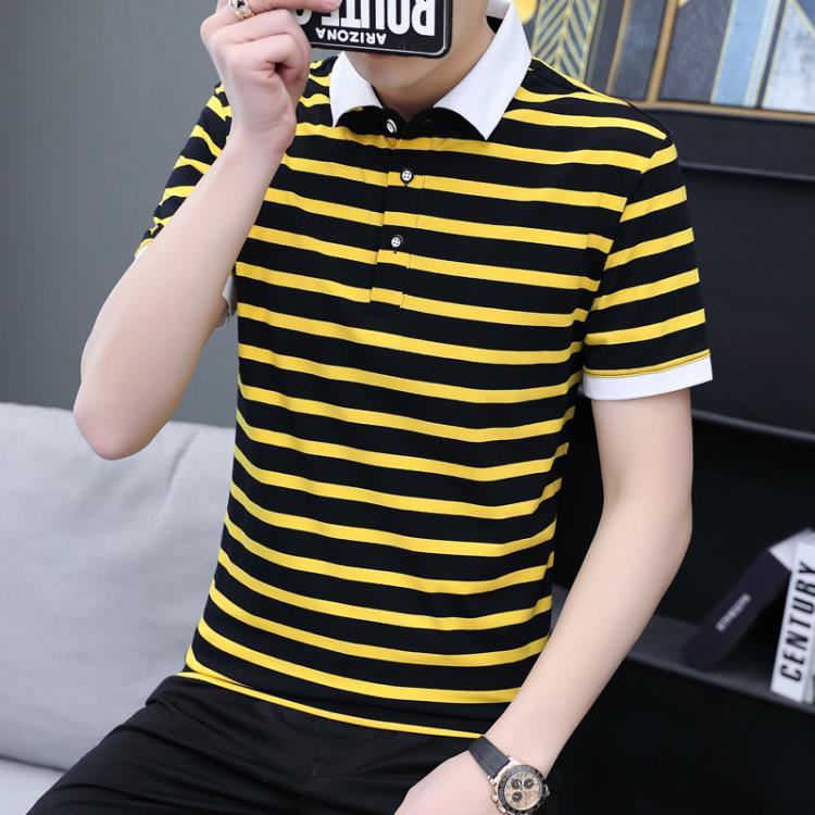 條紋男士短袖T恤間條男裝打底衫休閒翻領半袖男式Polo衫上衣服潮-細節圖8