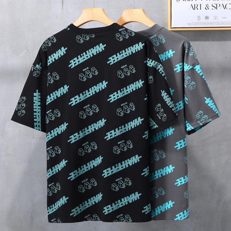 短袖T恤 潮牌胖子寬松上衣服男士加肥加大碼印花套頭胖佬休閒半袖-細節圖2