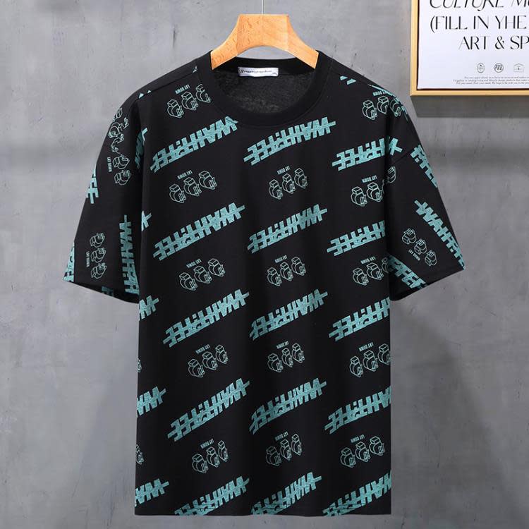 短袖T恤 潮牌胖子寬松上衣服男士加肥加大碼印花套頭胖佬休閒半袖-細節圖3