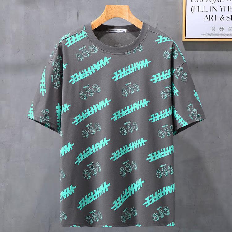 短袖T恤 潮牌胖子寬松上衣服男士加肥加大碼印花套頭胖佬休閒半袖-細節圖4