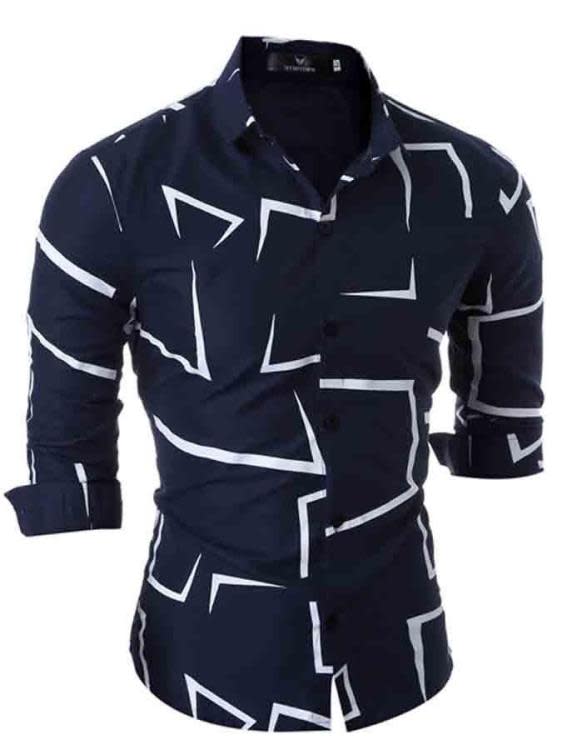 襯衫 2023歐洲秋季男裝修身長袖幾何印花黑色潮流寸衫-細節圖8