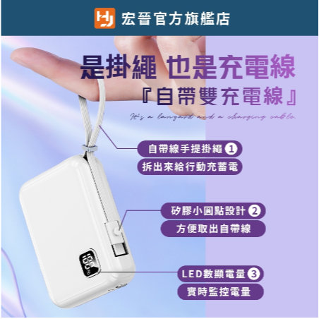 迷你快充行動電源 自帶充電線 掛繩 數字顯示電量 22.5W快速充電 10000mAh 行動充 移動電源充 分離式-細節圖6