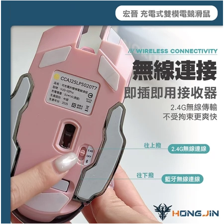 宏晉 HJG-02Pro 充電式雙模電競滑鼠 藍牙 2.4G 無線 充電式藍牙滑鼠 呼吸炫光 DPI可調-細節圖5