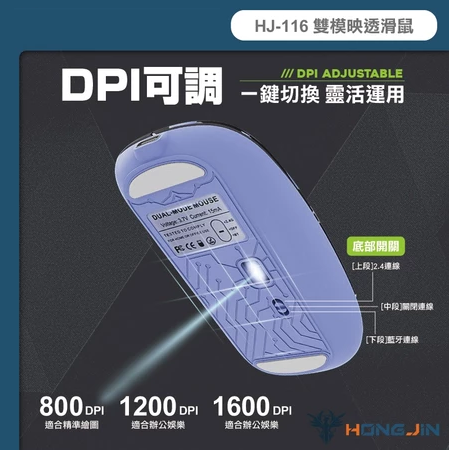 HJ-116 雙模映透滑鼠 藍牙 無線2.4G 充電式 透明磁吸上蓋 抗菌塗層 DPI三段可調-細節圖6