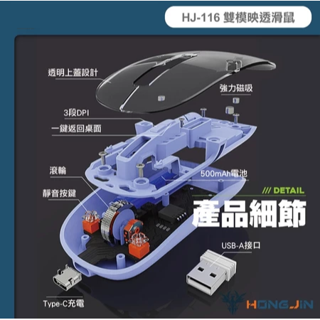 HJ-116 雙模映透滑鼠 藍牙 無線2.4G 充電式 透明磁吸上蓋 抗菌塗層 DPI三段可調-細節圖7