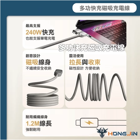 宏晉 240W高速磁吸充電線 四合一 快充線 六芯快充線 鋅合金 最大支援240W 充電線-細節圖3