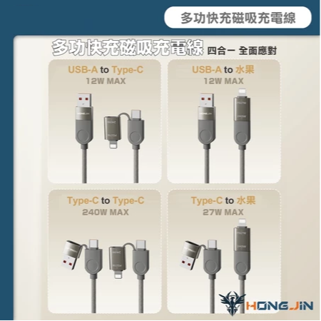 宏晉 240W高速磁吸充電線 四合一 快充線 六芯快充線 鋅合金 最大支援240W 充電線-細節圖6