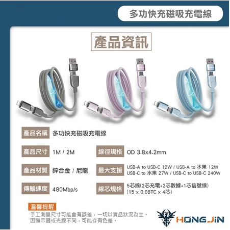 宏晉 240W高速磁吸充電線 四合一 快充線 六芯快充線 鋅合金 最大支援240W 充電線-細節圖7