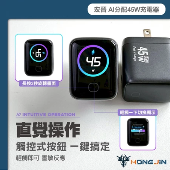 AI分配 45W 充電器 智慧降壓 數顯螢幕 Type-C快充 摺疊插頭 充電頭-細節圖6