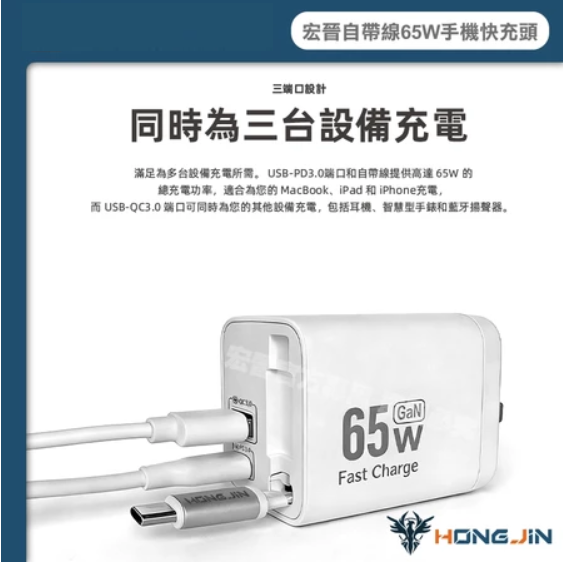 65W 自帶線 快充頭 氮化鎵 USB-C+USB-A 三孔輸出 PD3.0 QC3.0 摺疊插頭 充電頭 筆電-細節圖4