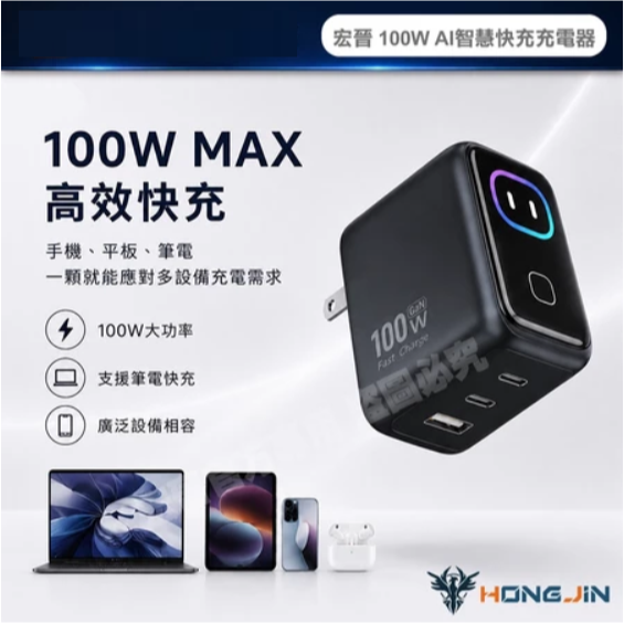 宏晉 100W AI智慧快充 充電器 數顯快充頭 GaN氮化鎵 三孔輸出 PD QC快充 Type-C-細節圖2