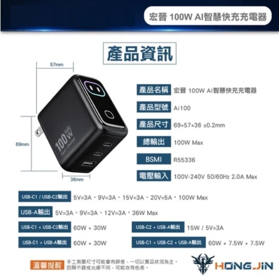 宏晉 100W AI智慧快充 充電器 數顯快充頭 GaN氮化鎵 三孔輸出 PD QC快充 Type-C-細節圖8