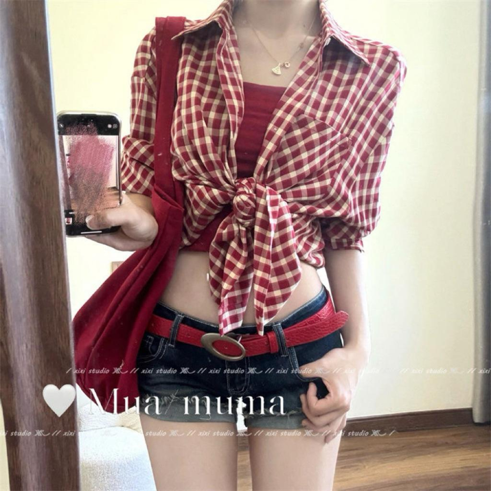 𝟑𝐮𝐧𝐢𝐨𝐧｜美式辣妹紅色皮帶復古風y2k金屬扣腰帶輕奢高級感配牛仔褲帶新品-細節圖2