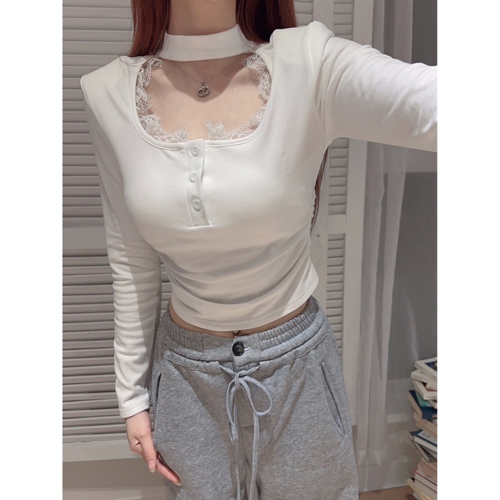 𝑊𝐸𝐼 𝐻𝑆𝐼𝑁 ♡︎ （現貨） 纯欲蕾丝拼接挂脖U领磨毛 T#8017-細節圖6