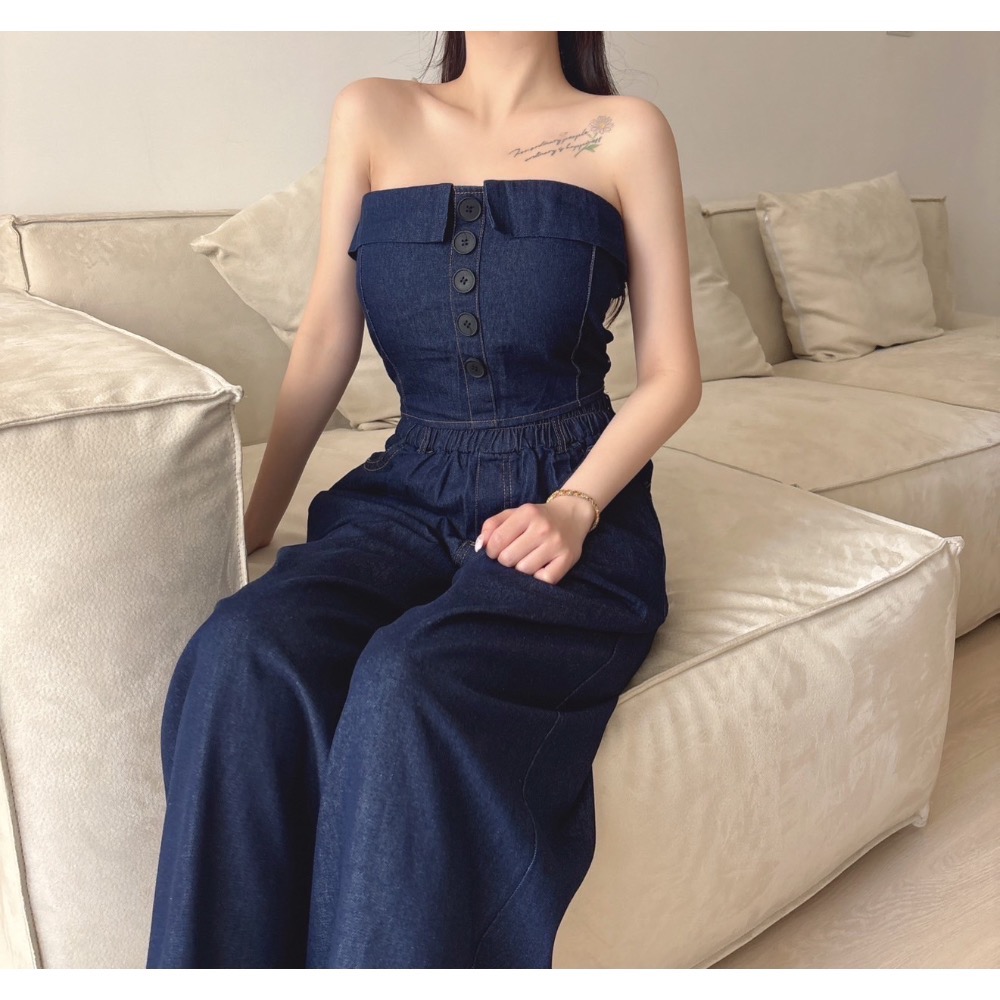 Wei.Hsin_（現貨）抹胸排釦牛仔寬褲套裝#807-細節圖2