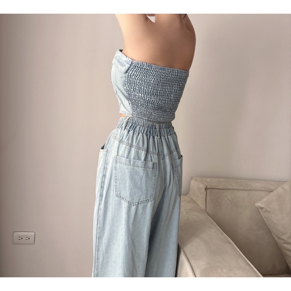 Wei.Hsin_（現貨）抹胸排釦牛仔寬褲套裝#807-細節圖4