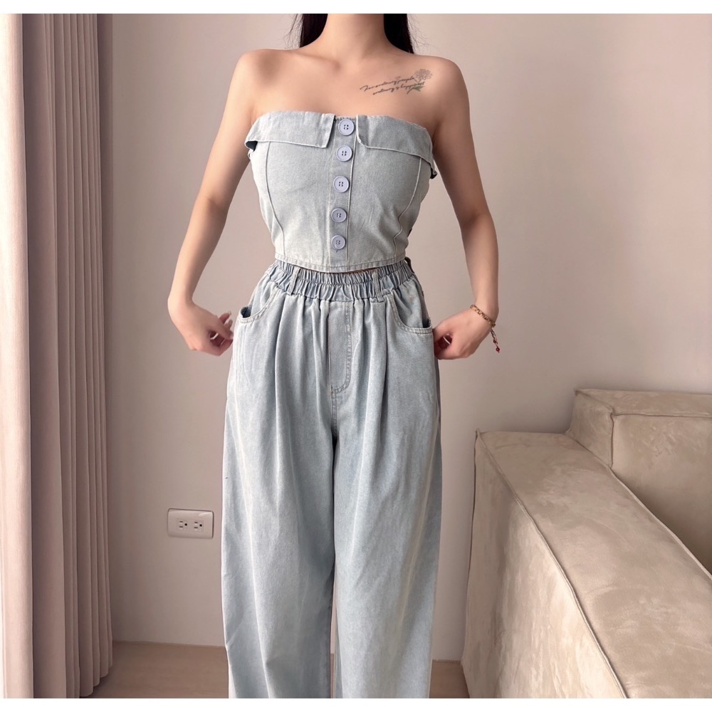 Wei.Hsin_（現貨）抹胸排釦牛仔寬褲套裝#807-細節圖5